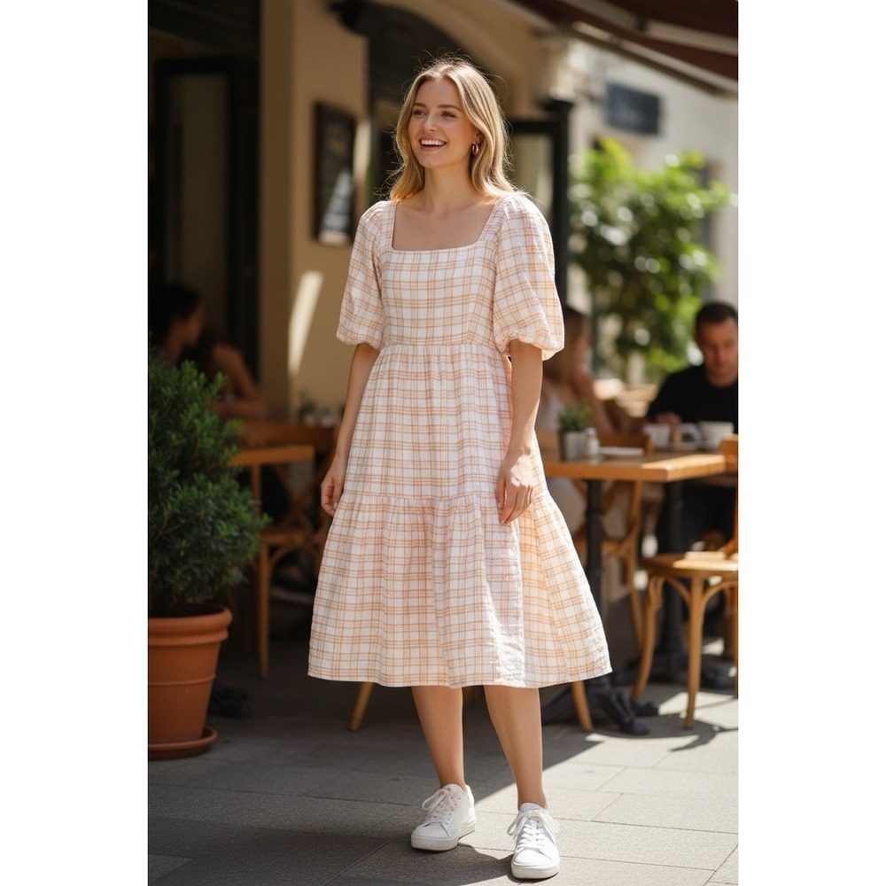Hem & Thread Orange Plaid Milkmaid Dress Size L Midi Tiered Open Tie Back Boho